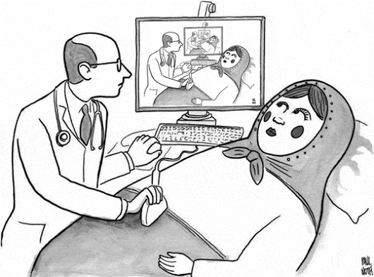 A satirical line drawing by Paul Noth: an ultrasound revealing the same scene within itself, like nested Russian dolls