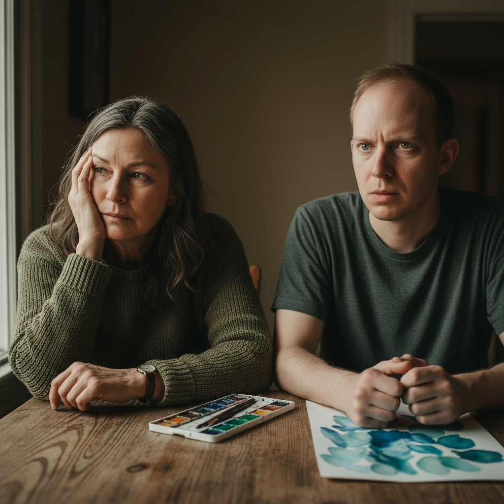 A caregiver and an autistic man both struggling — he is overwhelmed, she looks out the window yearningly