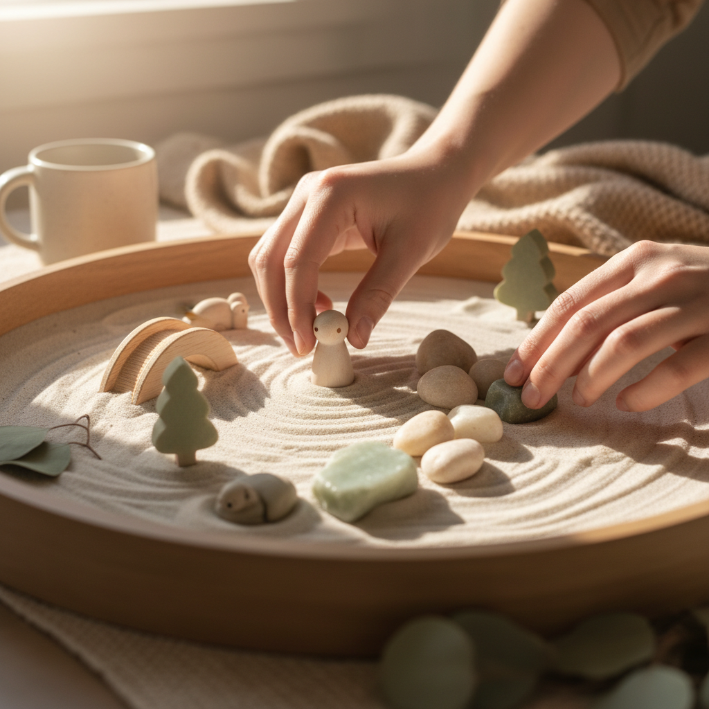 Hands arranging symbolic figures in a sand tray