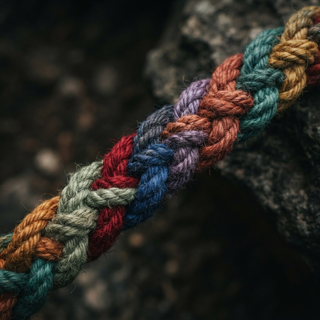 Eight ropes of different vibrant colors braided together into one unified strand
