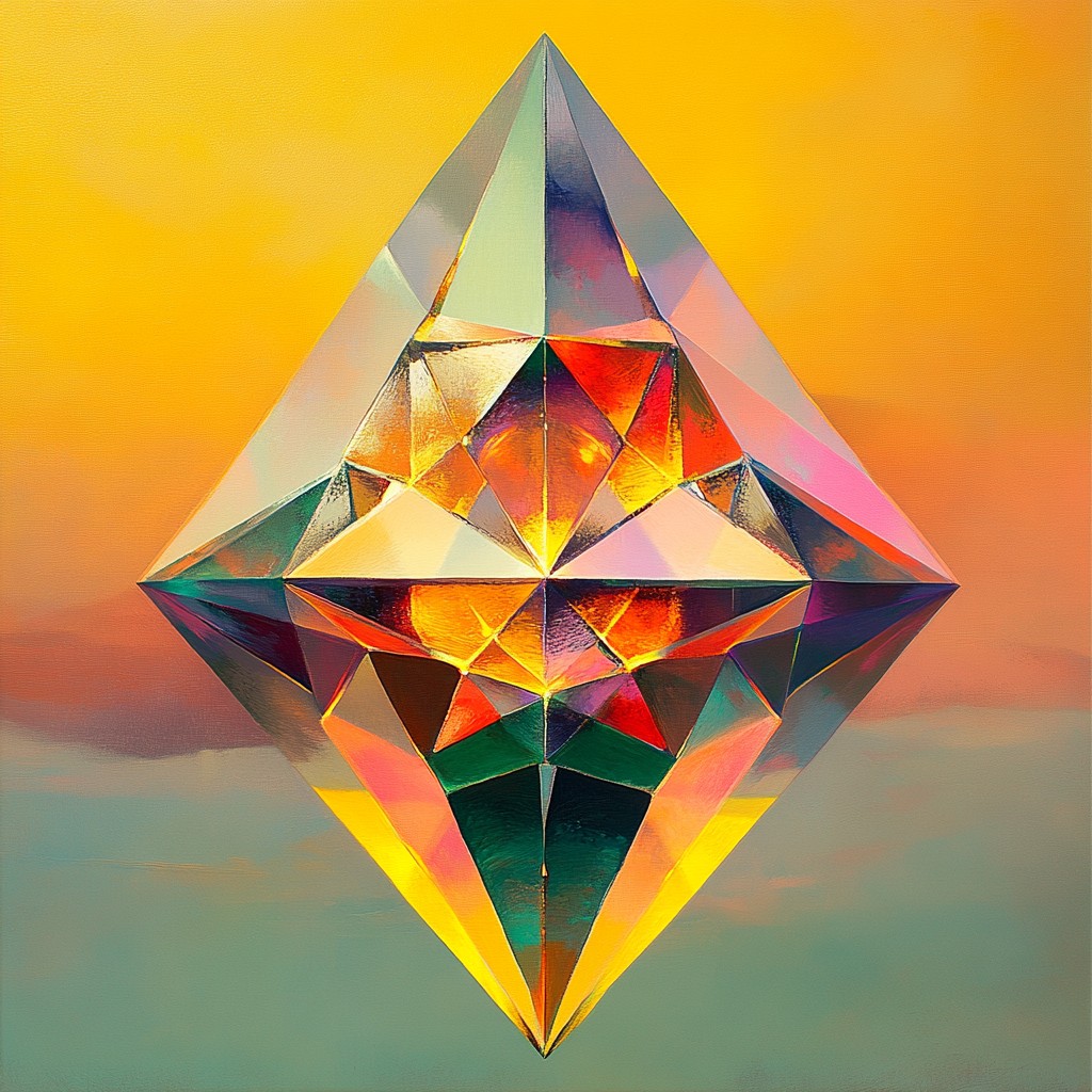 A luminous faceted crystal refracting warm sunset colors — transformation and inner light