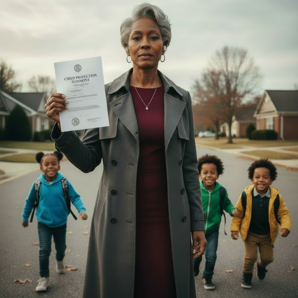 A fashionable African-American grandmother with visible hearing aids holds a court hearing notice while her grandchildren run toward her