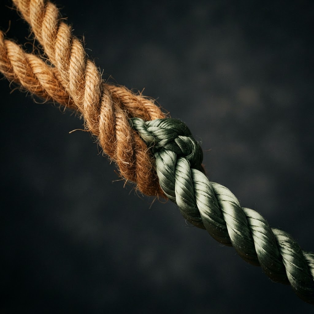 Two ropes of different materials twisting and fusing together into a single unified strand