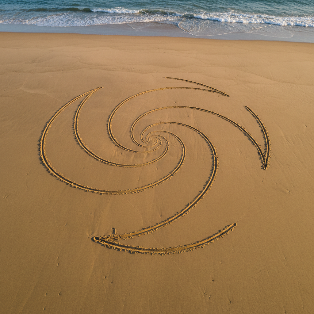 Fibonacci spiral pattern drawn in sand — sacred geometry in therapeutic practice