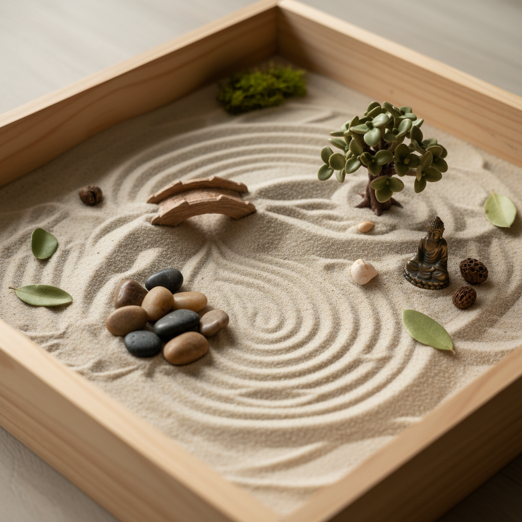 Sandplay therapy tray with symbolic miniatures