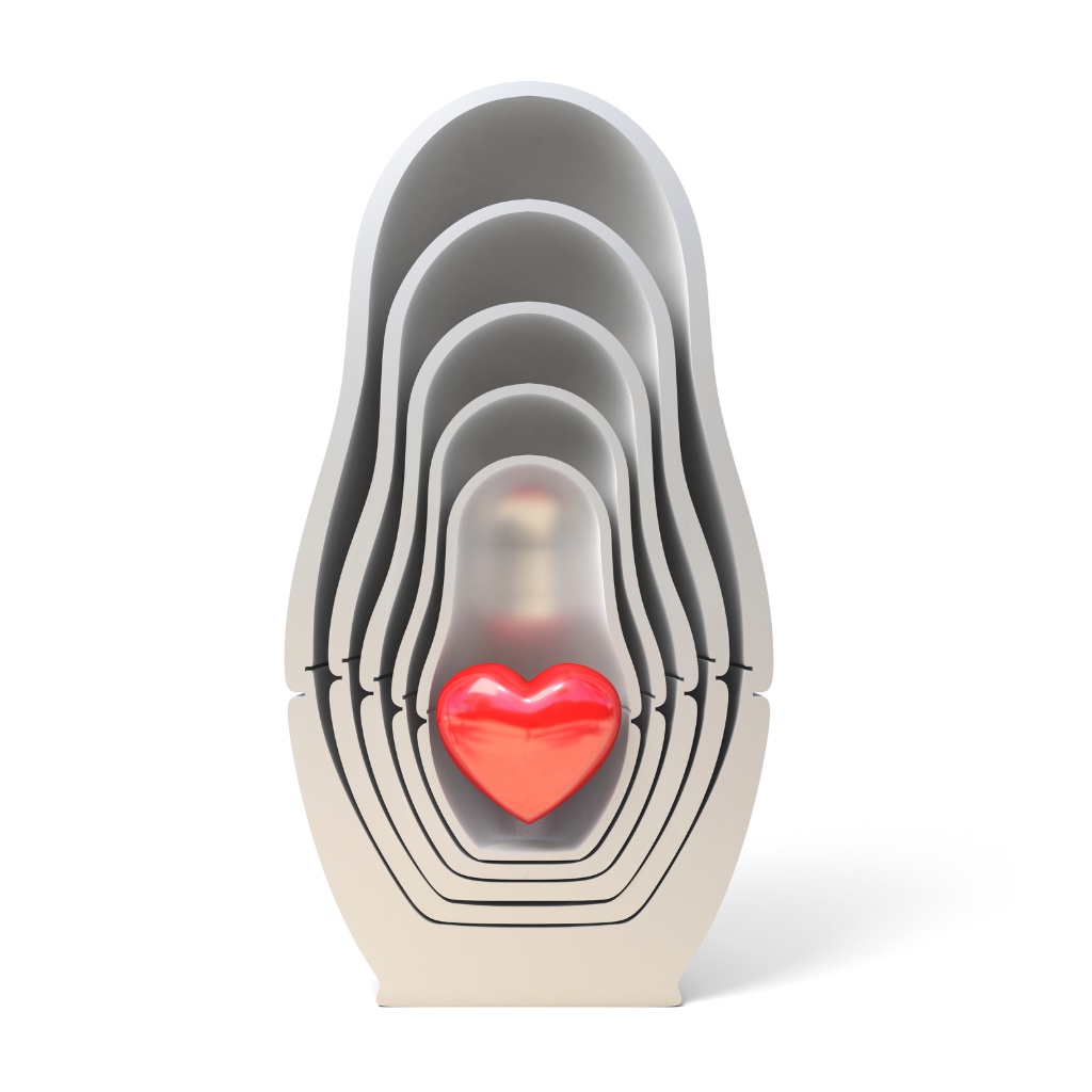 Nested matryoshka shells opening to reveal a glowing red heart at the center