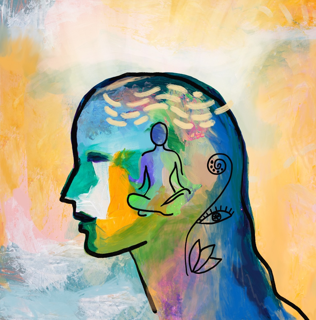 A stylized head in profile with a meditating figure within — depth psychology and embodied partnerships