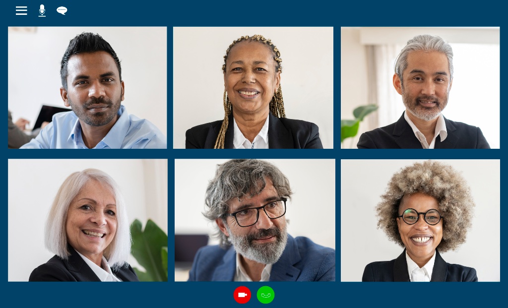 A video conference call with six diverse professionals from different backgrounds collaborating across borders