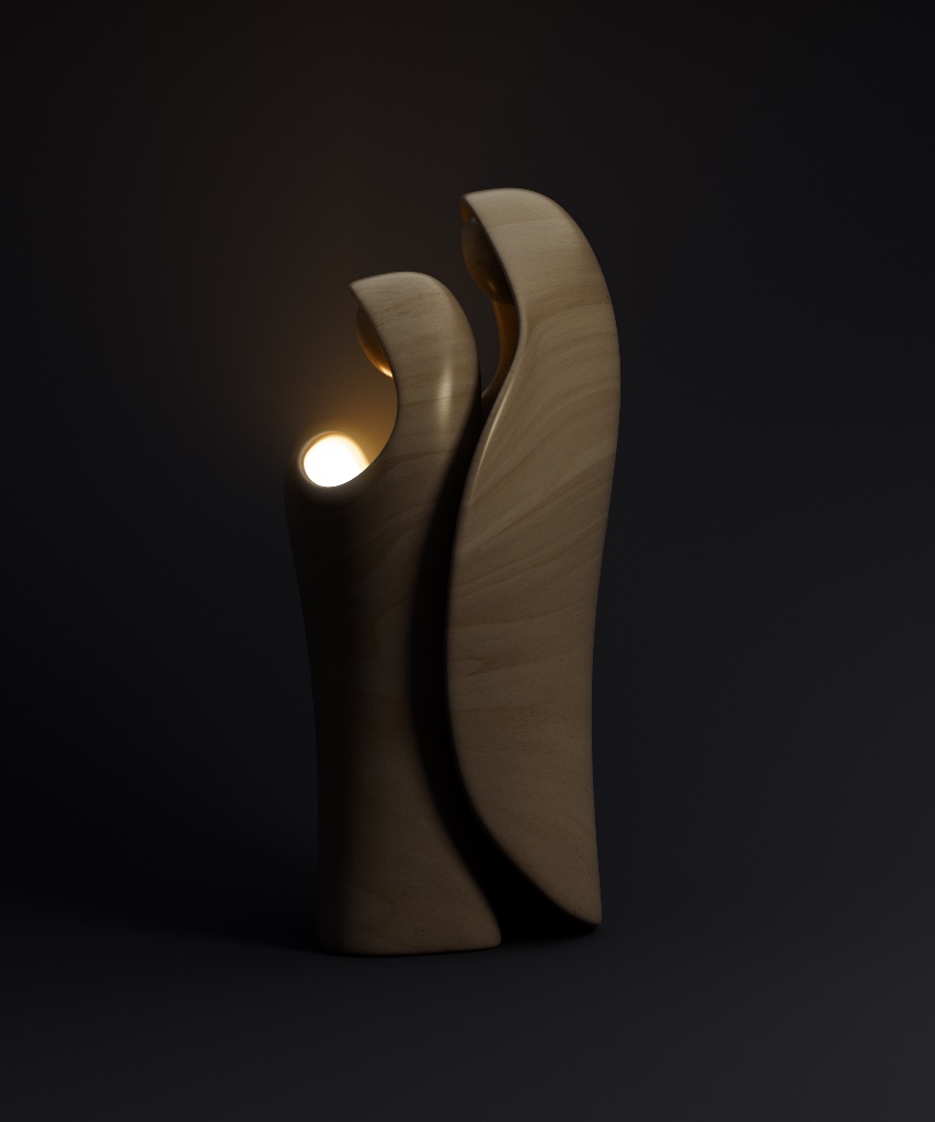 A minimalist wooden sculpture of two figures standing together, one with a warm light glowing from its chest