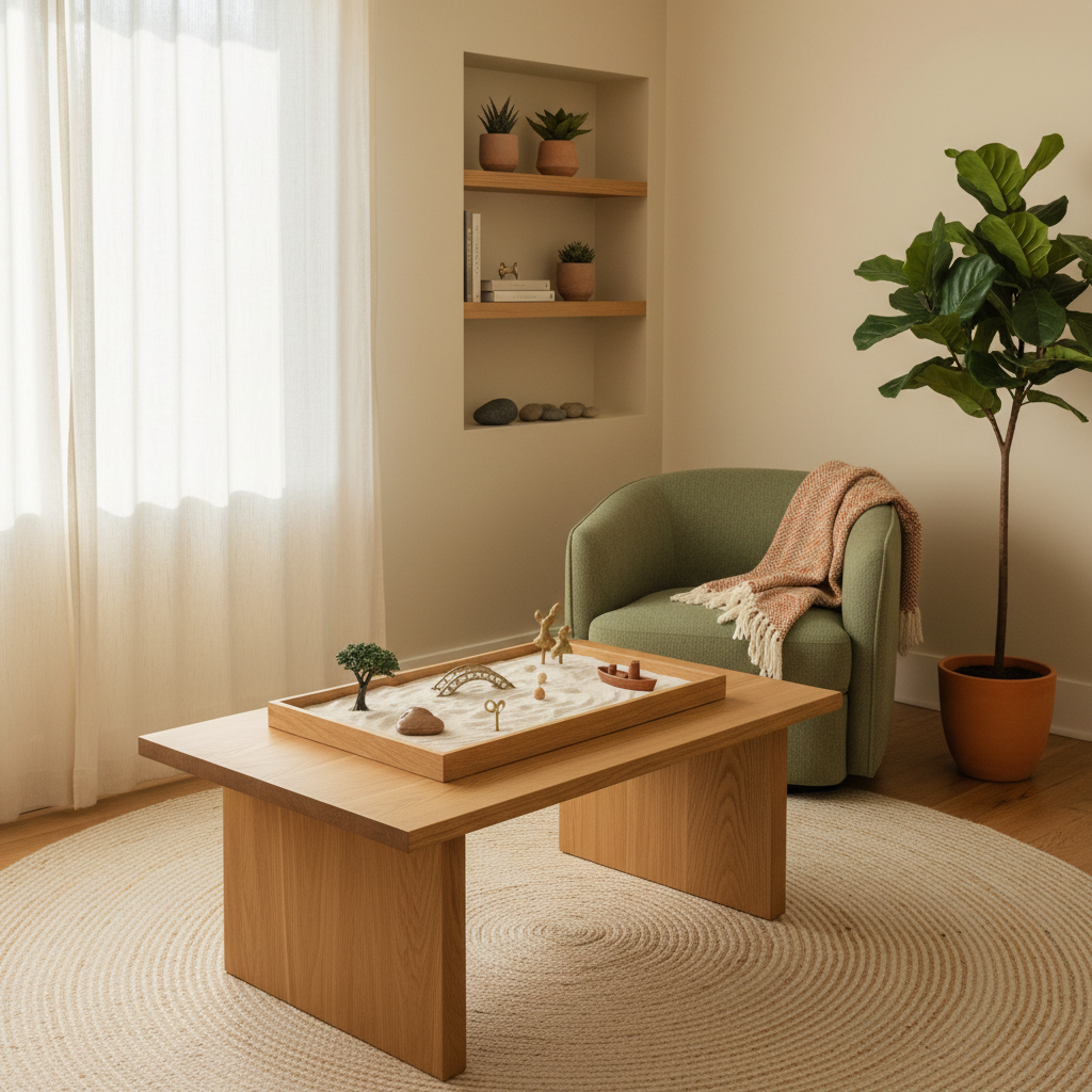 A peaceful therapy room with sand tray and natural light