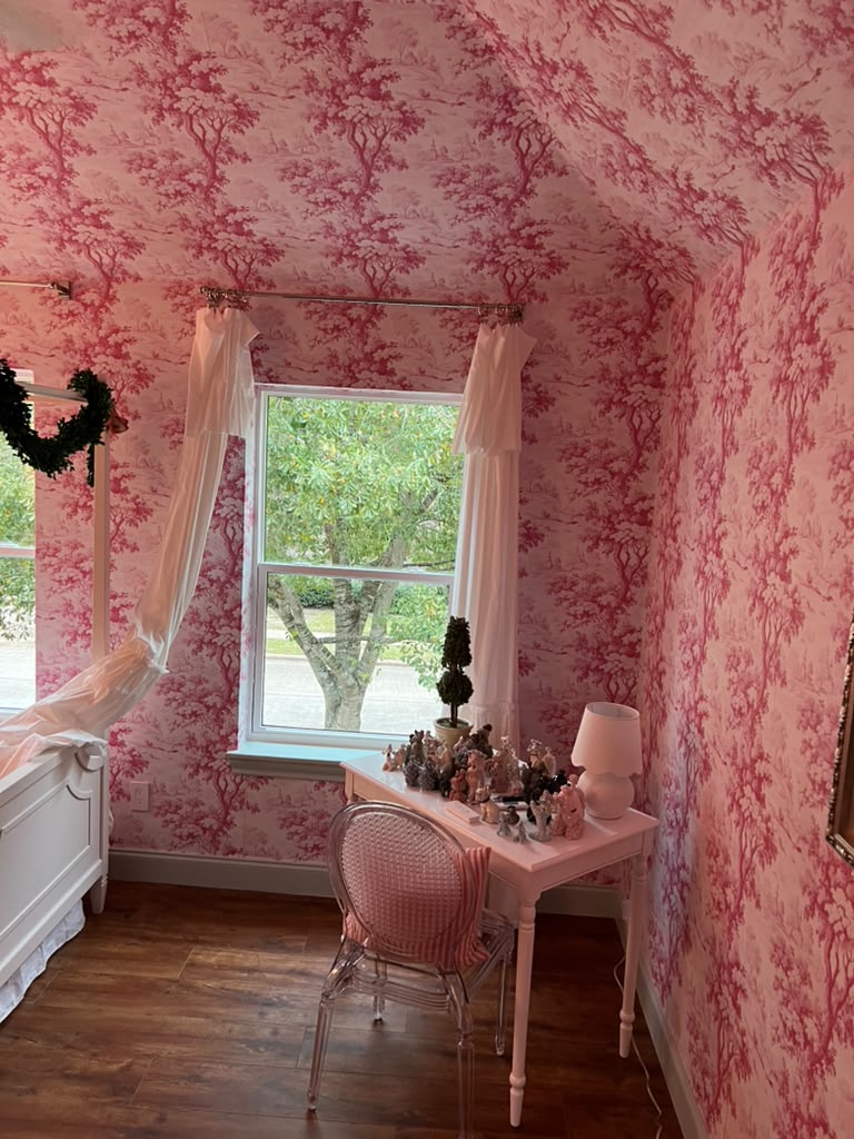 Pink Toile Wallpapered Bedroom