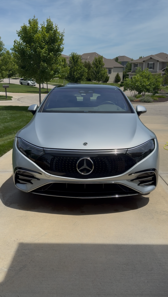 Silver Mercedes EQS front end polished to perfection