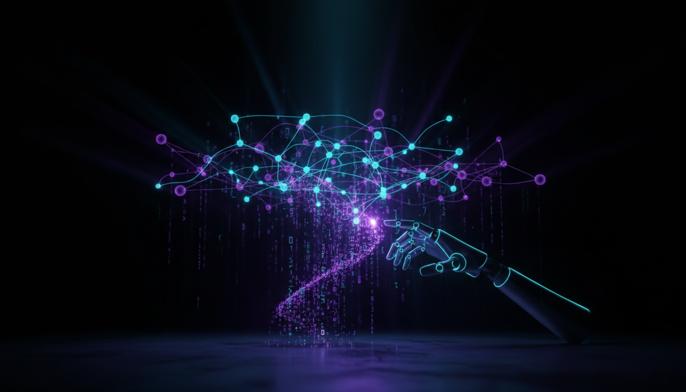 Rede neural com nós brilhantes conectados, visualização de inteligência artificial