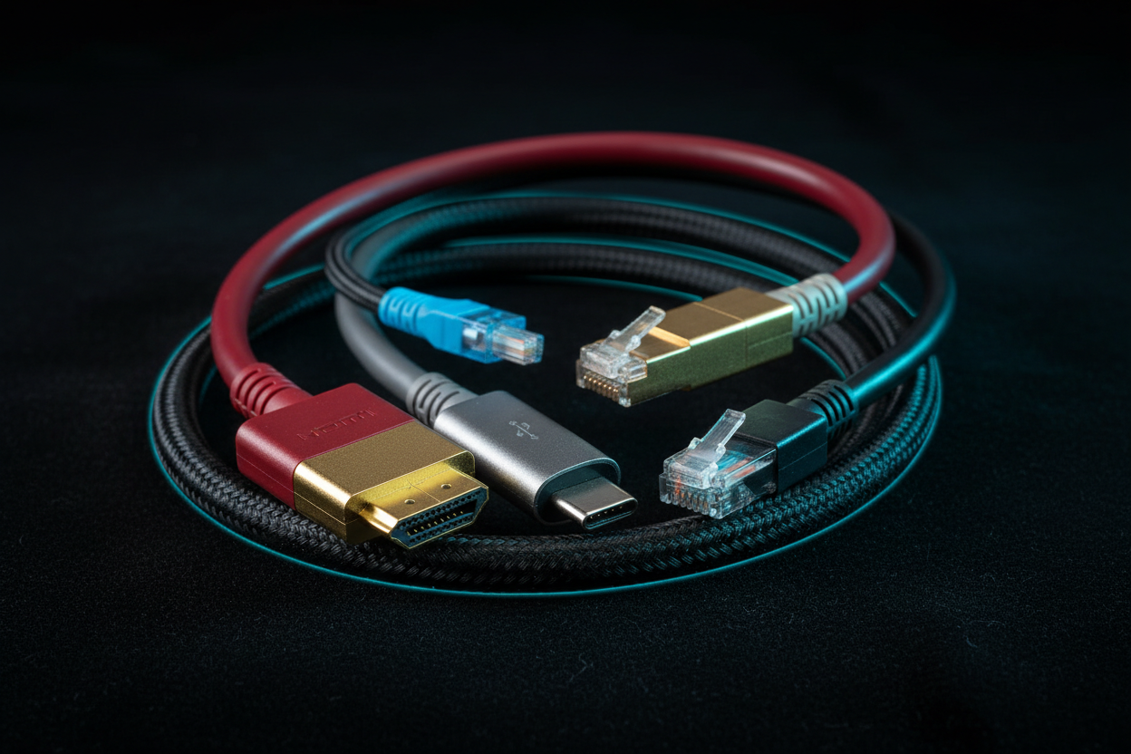 Cabos HDMI, USB-C, fibra óptica e Ethernet Cat6 com conectores dourados em fundo escuro
