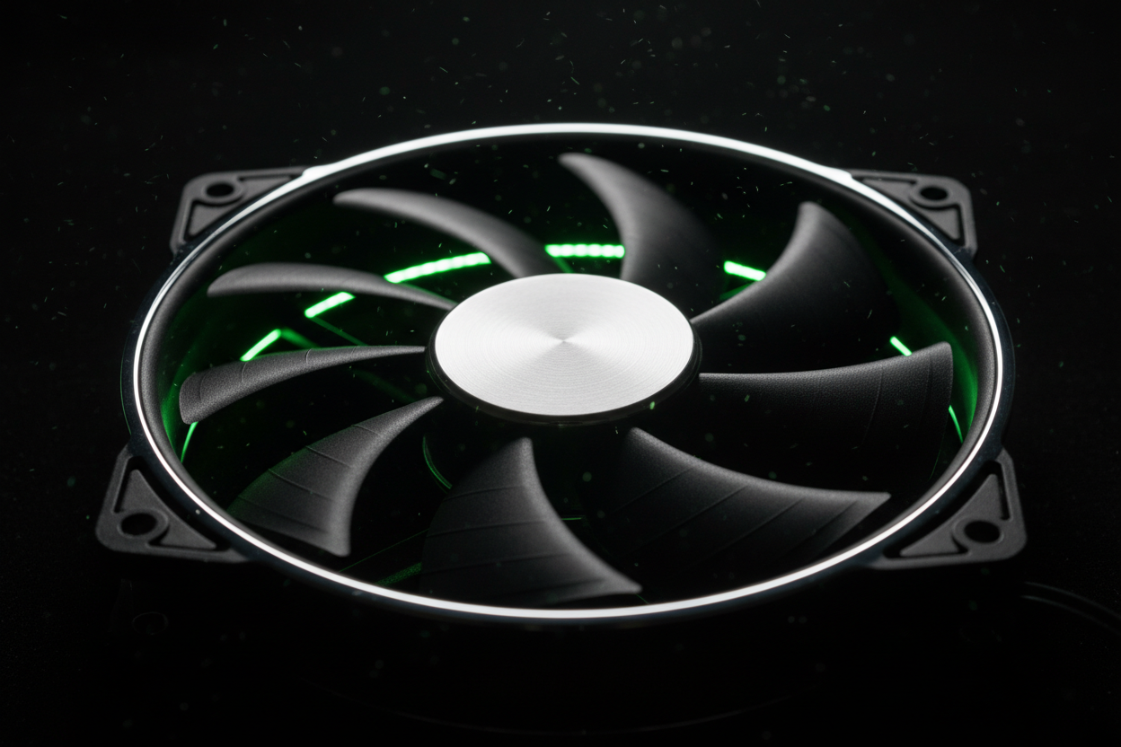Fan cooler de alta performance 120mm com iluminação LED verde e estrutura industrial