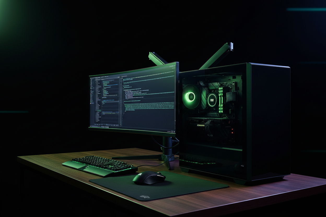 Workstation de alto desempenho com gabinete iluminado e componentes internos visíveis