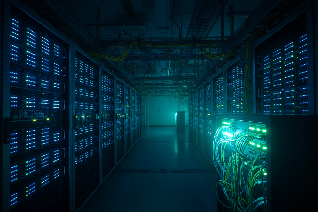 Sala de servidores com racks de rede, patch panels e cabos de fibra óptica organizados