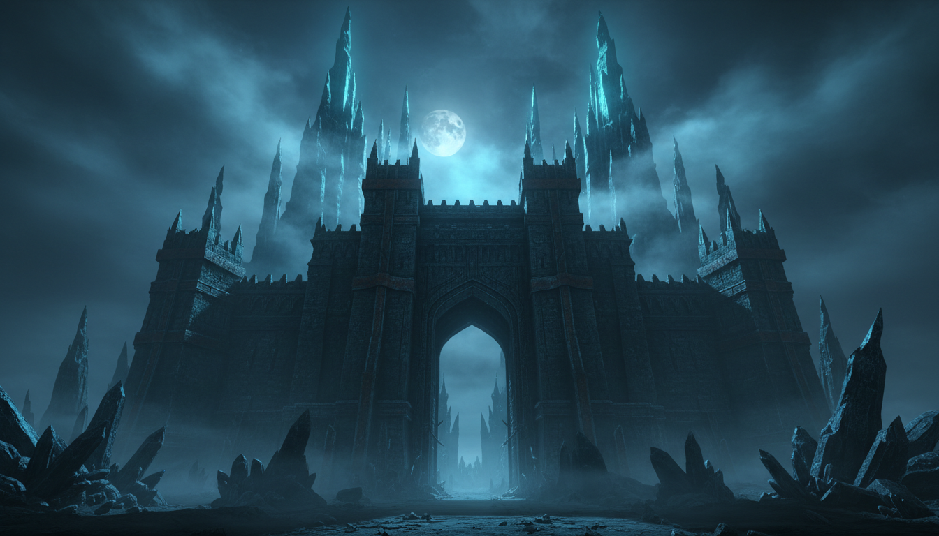 Ancient fortress gates shrouded in mystical mist