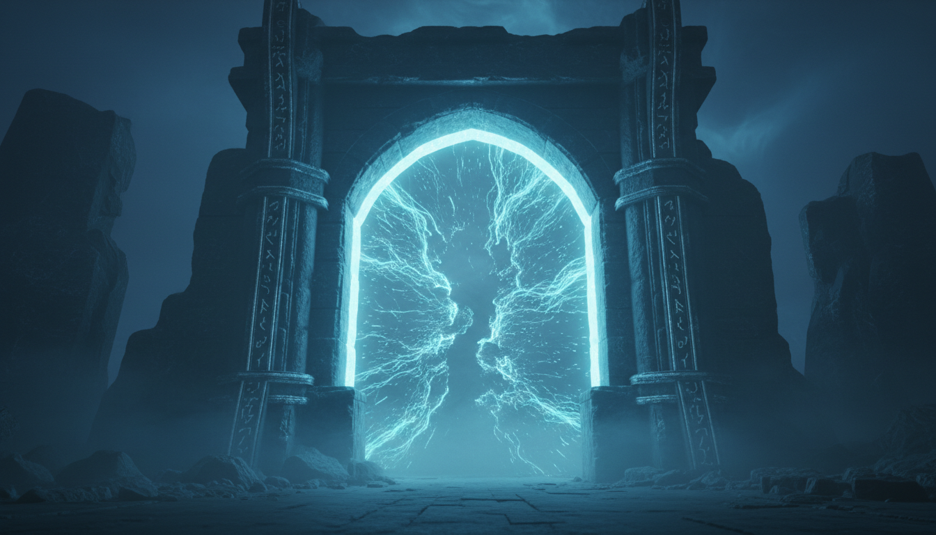 Mystical portal gateway with cyan energy streams