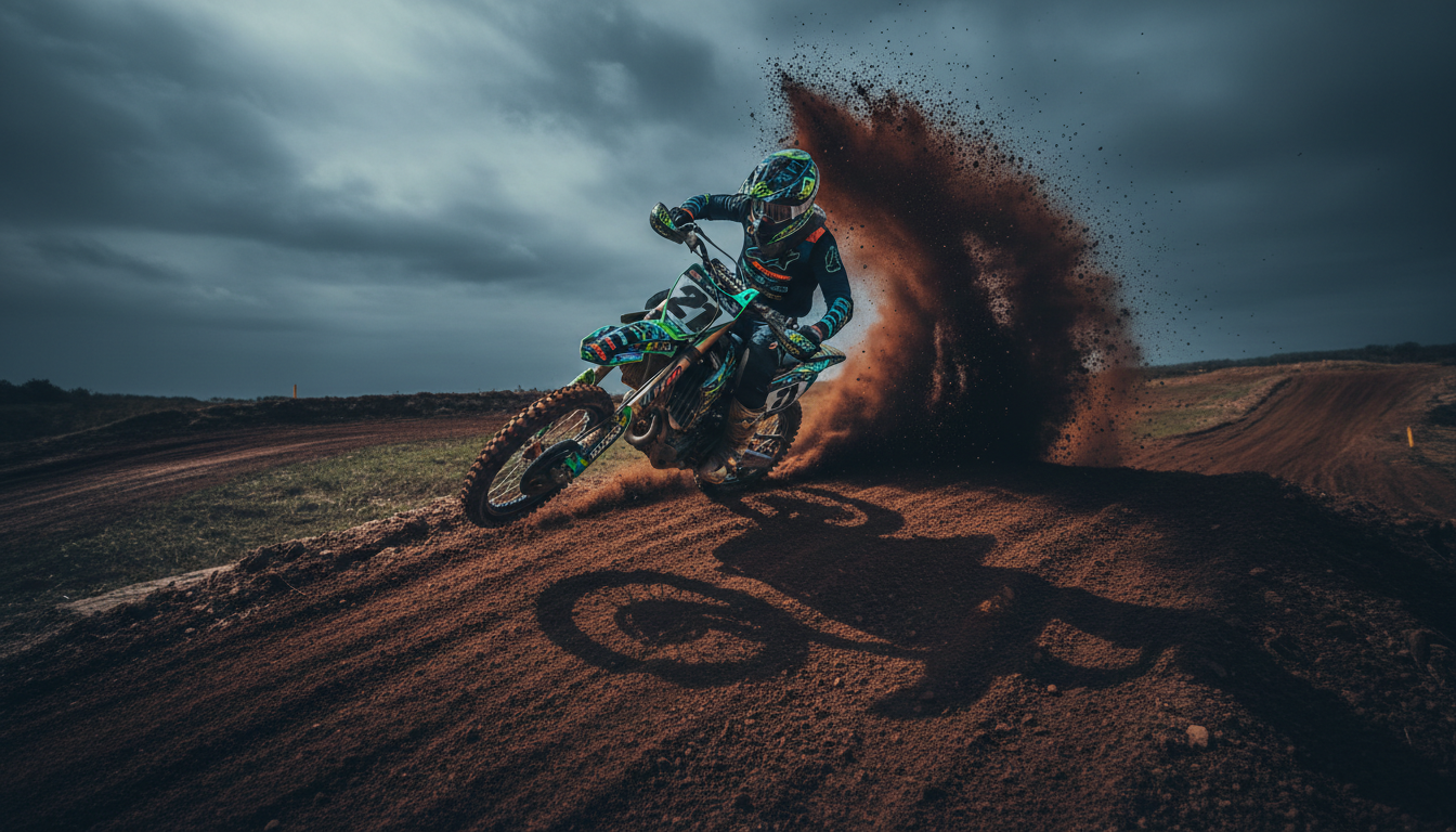 Aerial view of motocross rider launching off a jump