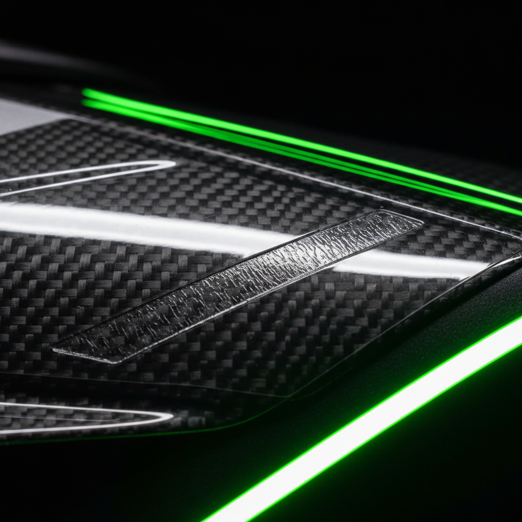 Macro close-up of premium vinyl decal on carbon fiber motorcycle surface