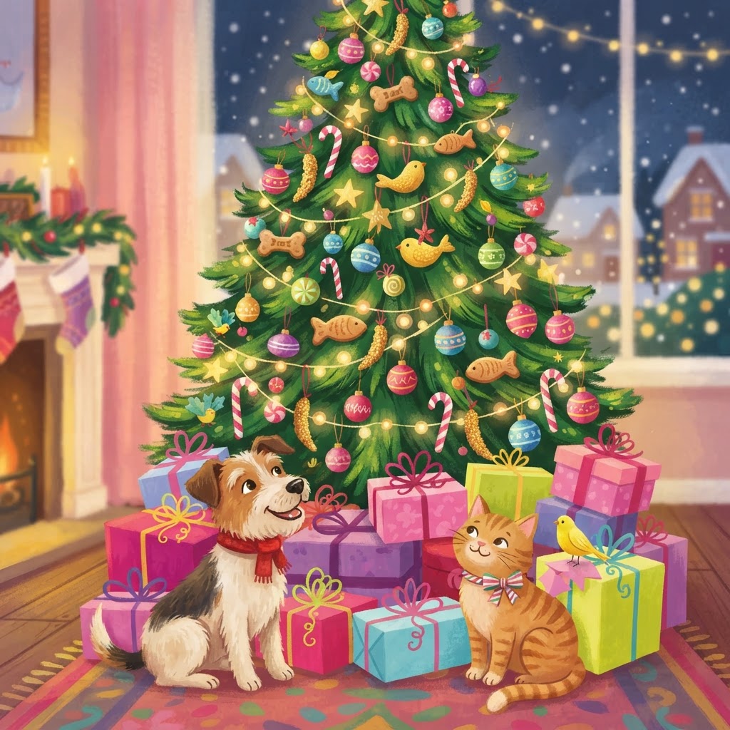 Christmas tree with treat-shaped ornaments and presents with a dog, cat, and bird