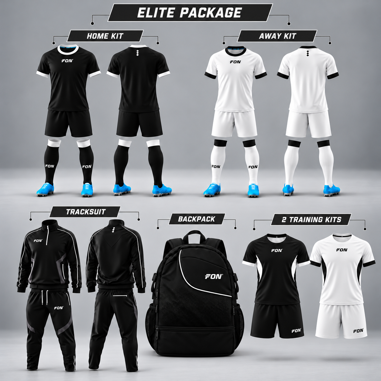 FON Elite academy package products: home and away kits, tracksuit, backpack