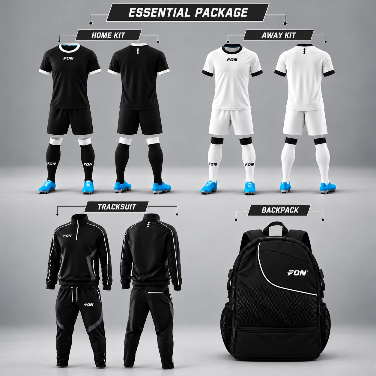 FON Essential academy package products: home and away kits, tracksuit, backpack
