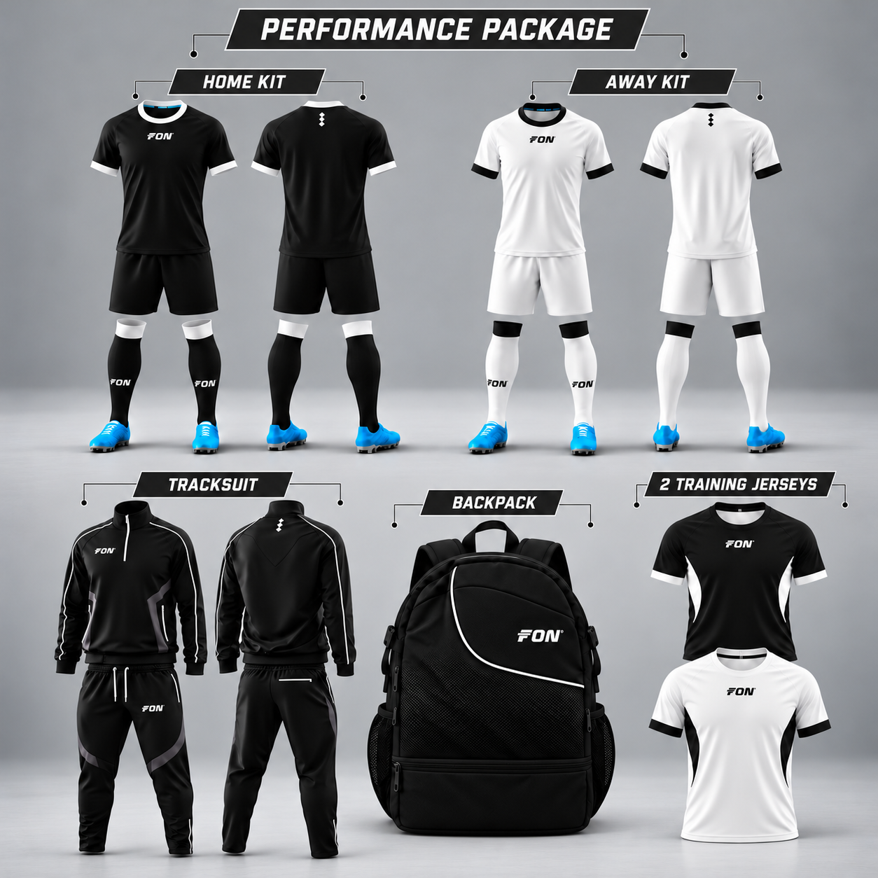 FON Performance academy package products: home and away kits, tracksuit, backpack