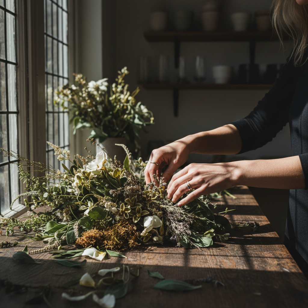 FloFlo Flowers atelier — a master florist sculpting an arrangement in our Central studio