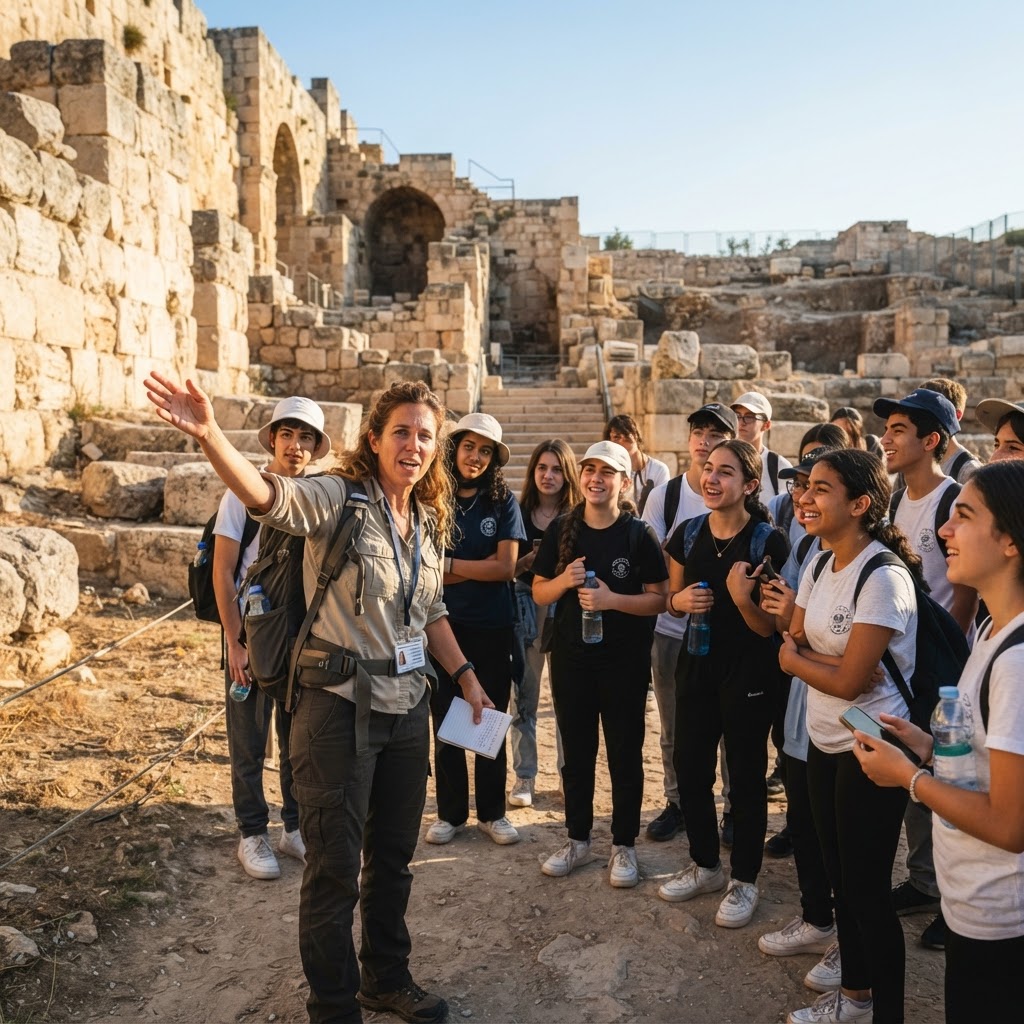 מדריכה מסבירה לתלמידי תיכון באתר ארכאולוגי עתיק