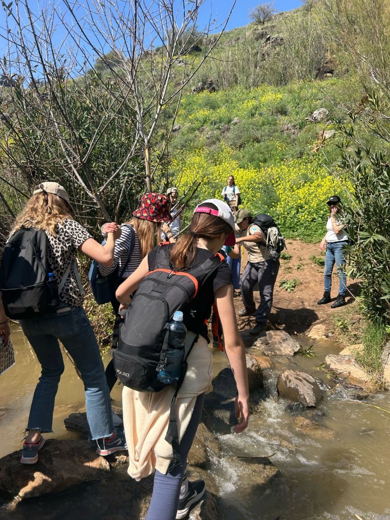 קבוצת נערות חוצה נחל בטיול משפחתי בטבע