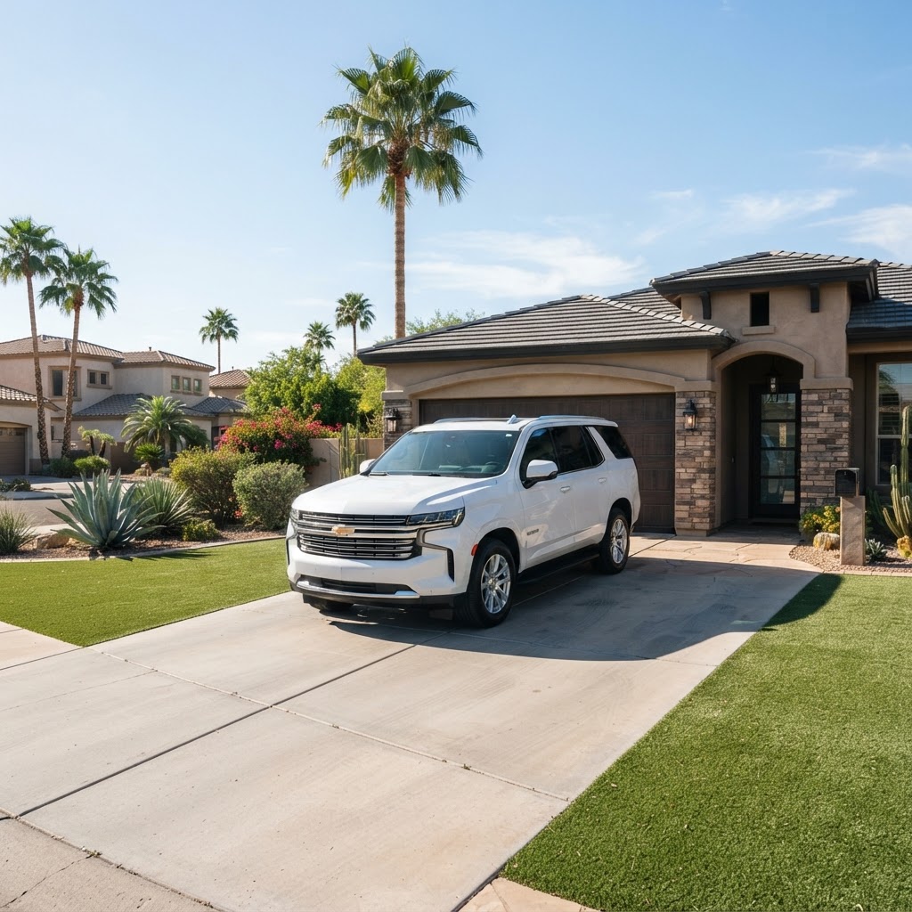 White Chevrolet Tahoe parked at a suburban home