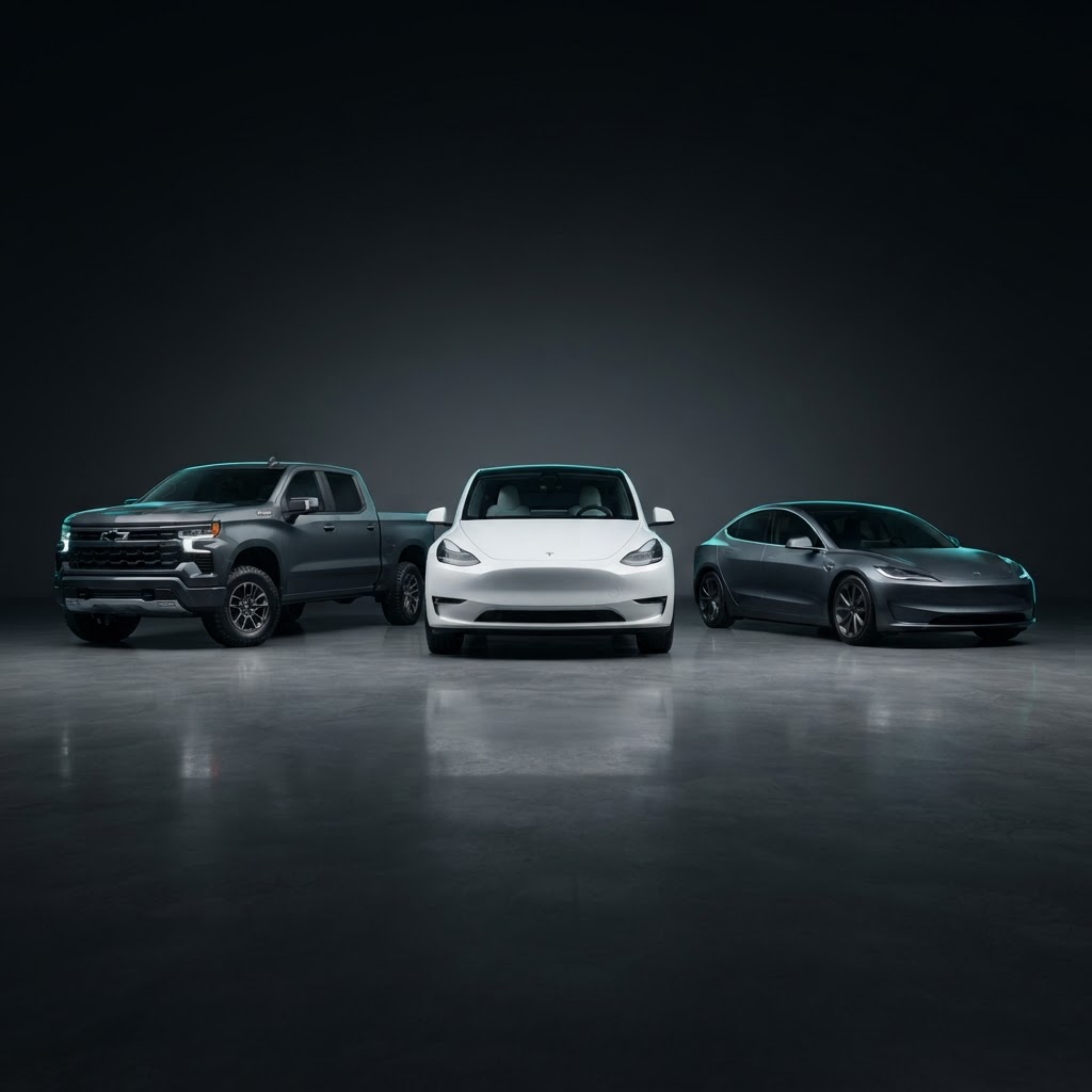 Tesla Model Y, Chevy Silverado 1500 ZR2, and Tesla Model 3 lineup