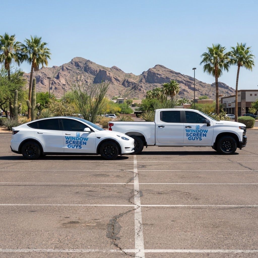 Window Screen Guys branded fleet vehicles in Phoenix parking lot