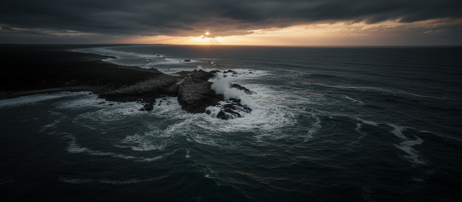 South African coastline at dawn with dramatic rocky shoreline