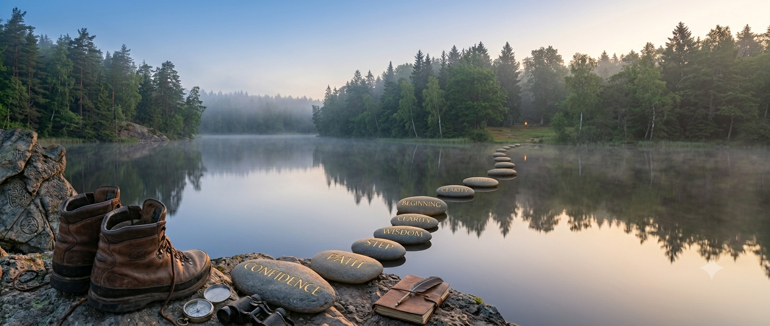 Stepping stones across a misty lake representing confidence and clarity