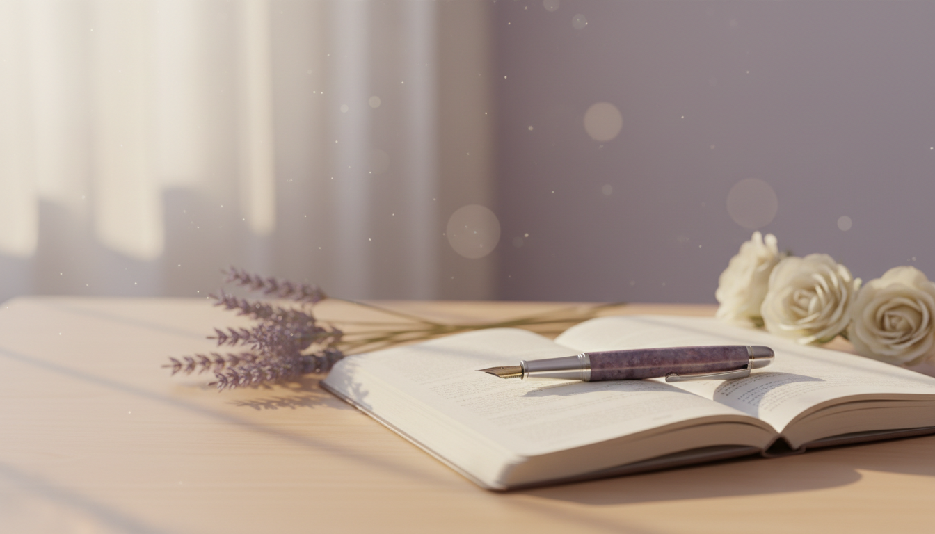 Journal and pen bathed in warm morning light