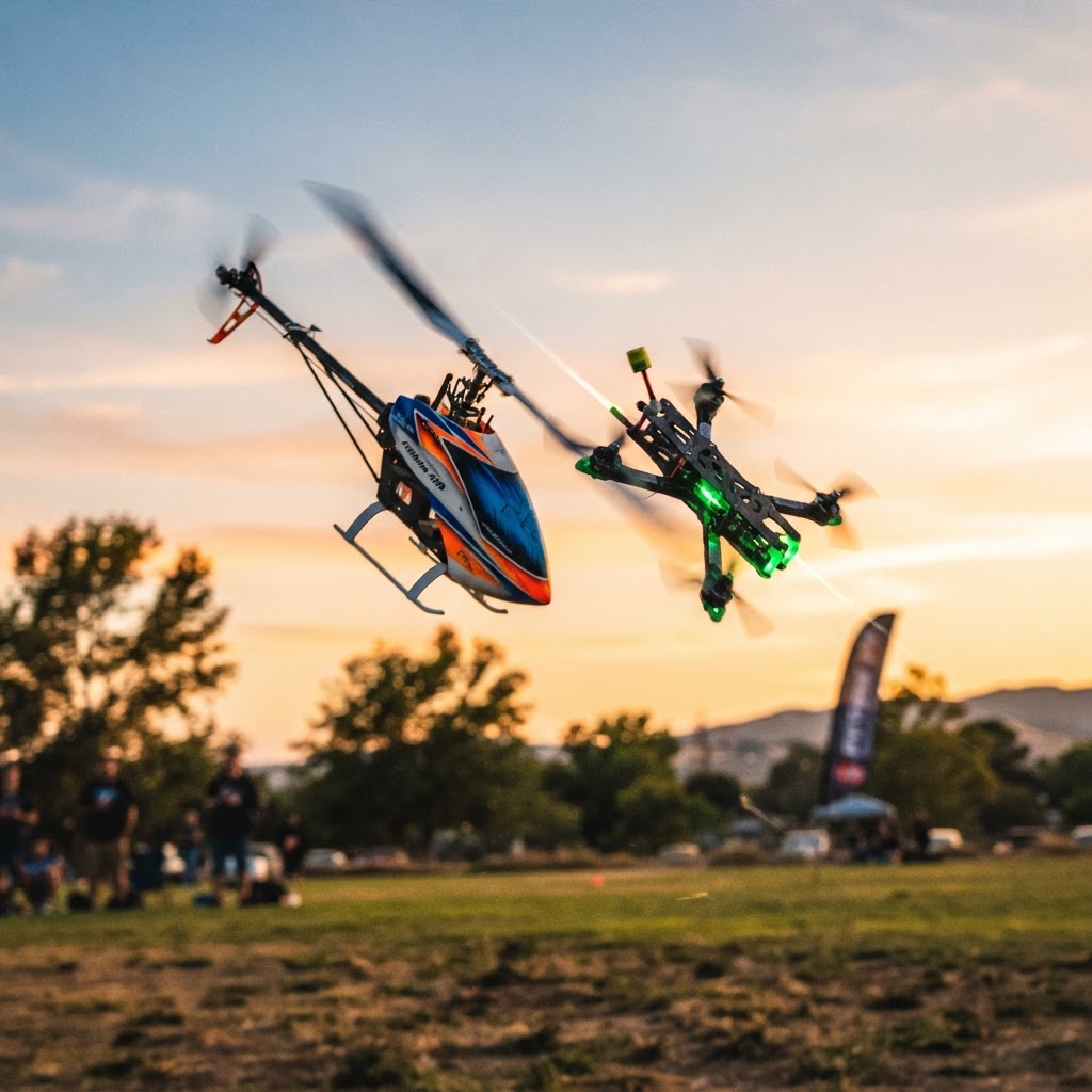 RC helicopter and drone in flight
