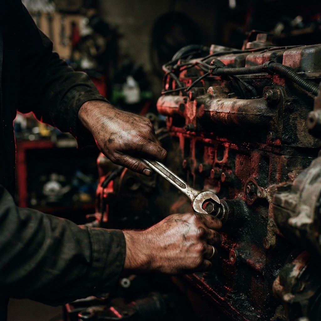 Mechanic working on diesel engine