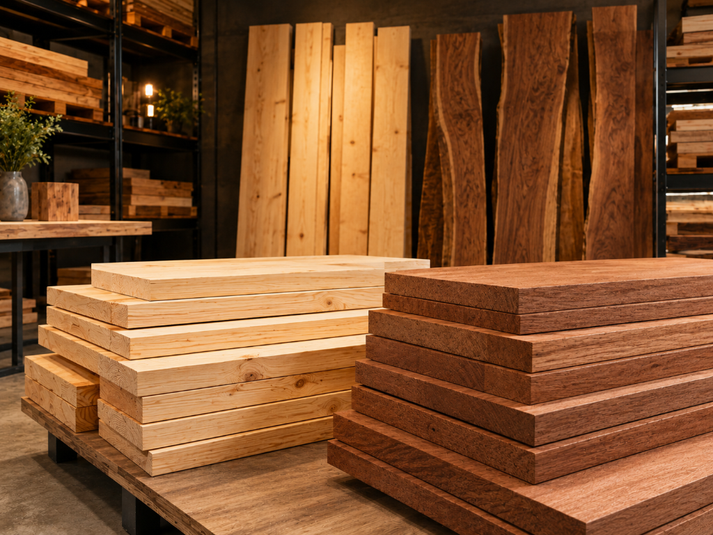 Two stacked piles of timber — pale pine boards on the left and rich reddish-brown meranti boards on the right