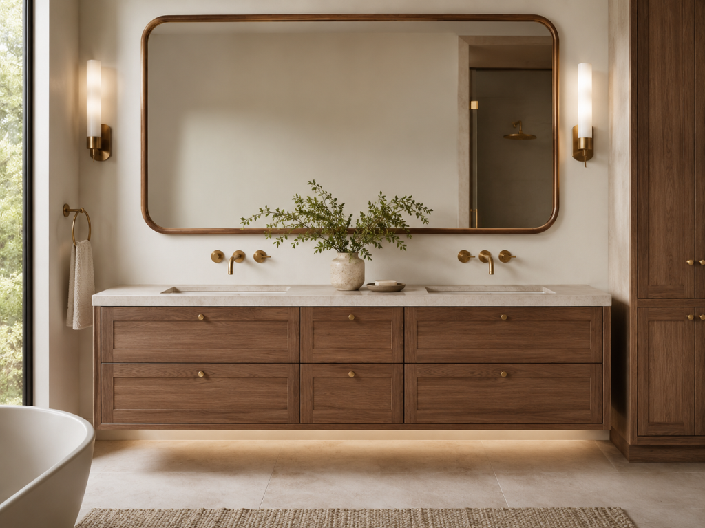 Floating dark wood bathroom vanity with double sinks, brushed brass faucets and framed mirror