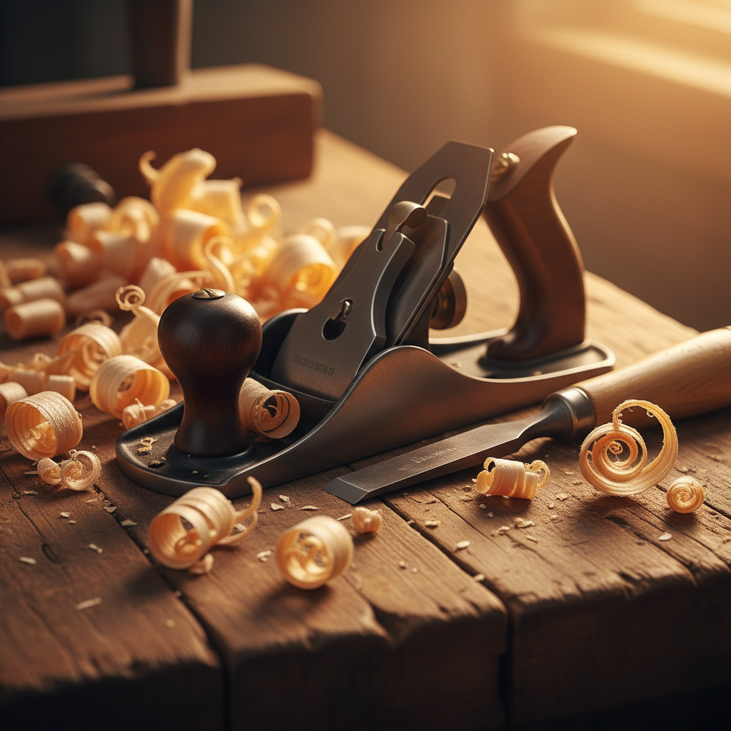 Hand tools and wood shavings on a workbench with warm side-lighting