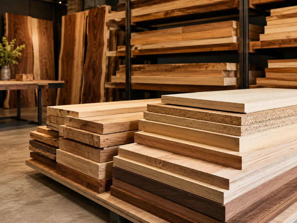 Neatly stacked precision-cut boards and lumber in a timber yard showroom