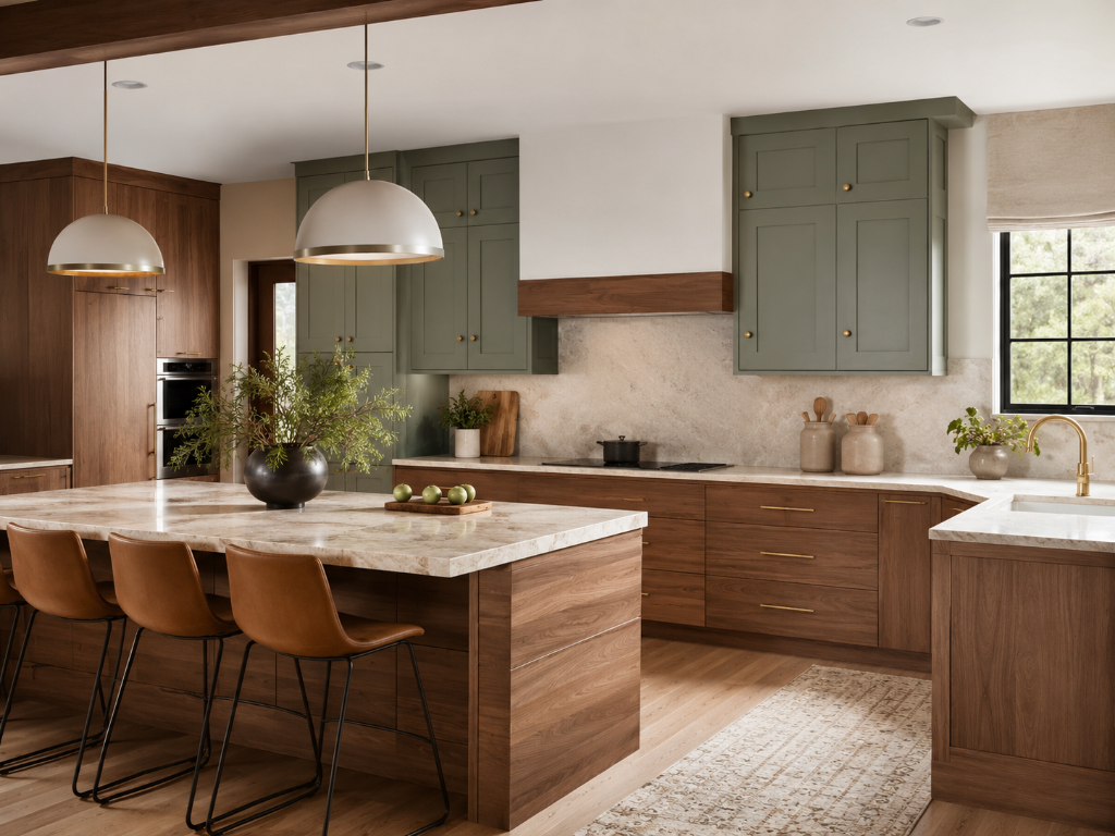Transitional-style kitchen with walnut base cabinets, sage-green uppers and a marble island