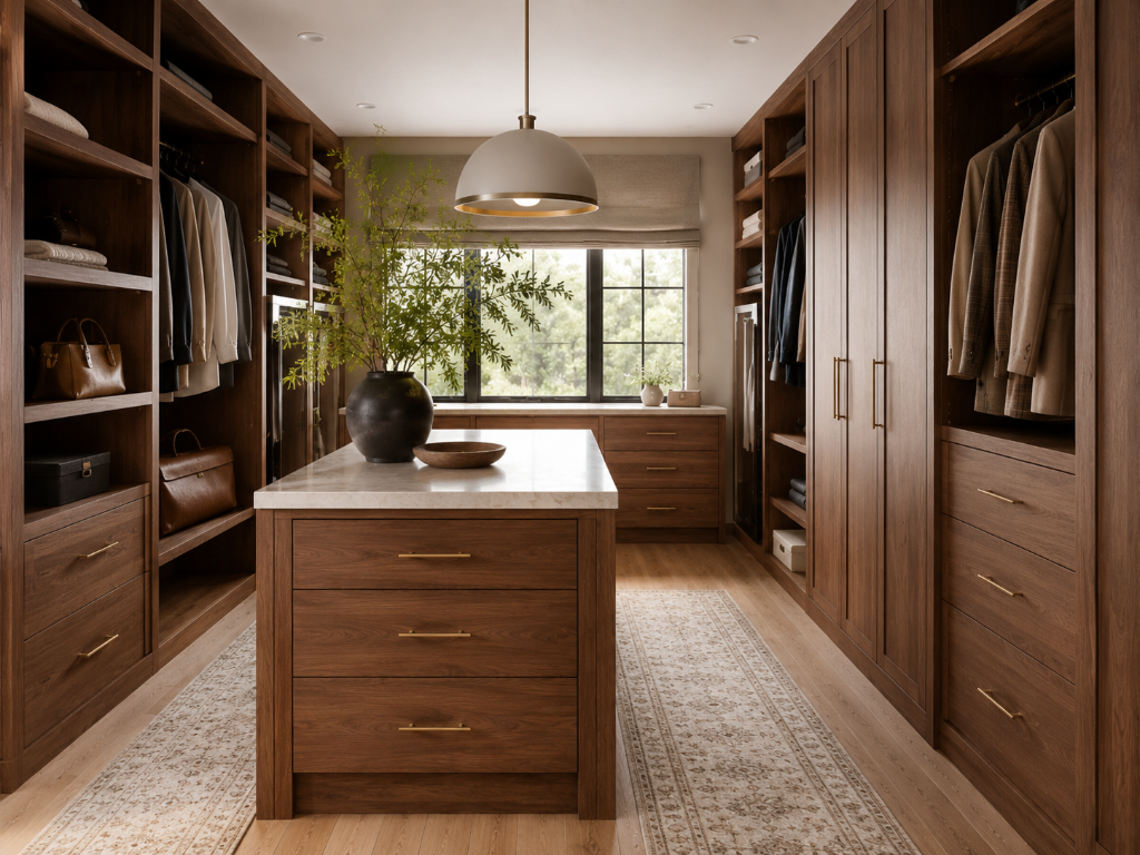 Walk-in closet with walnut cabinetry, marble island and brushed gold hardware