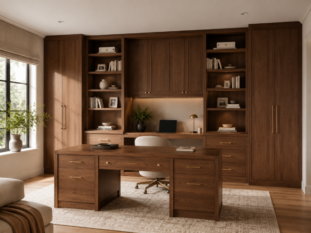 Home office with wall-to-wall walnut cabinetry, open shelving and a central desk
