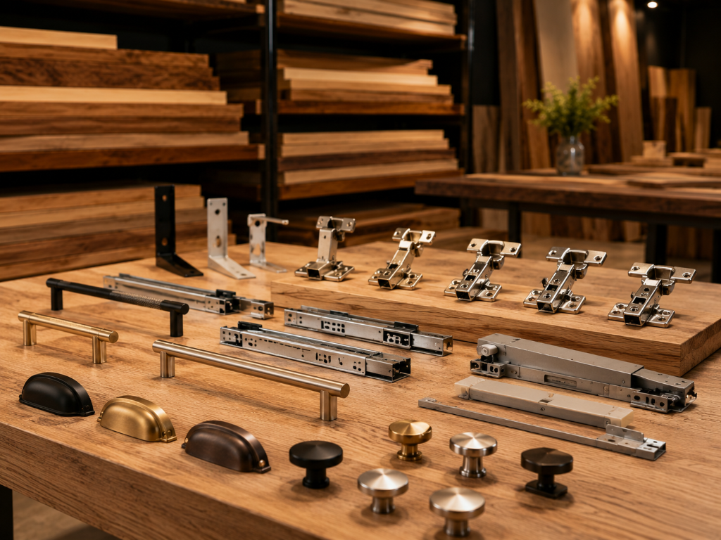Assortment of cabinet hinges, drawer slides, handles, knobs and brackets on a wood-grain workbench