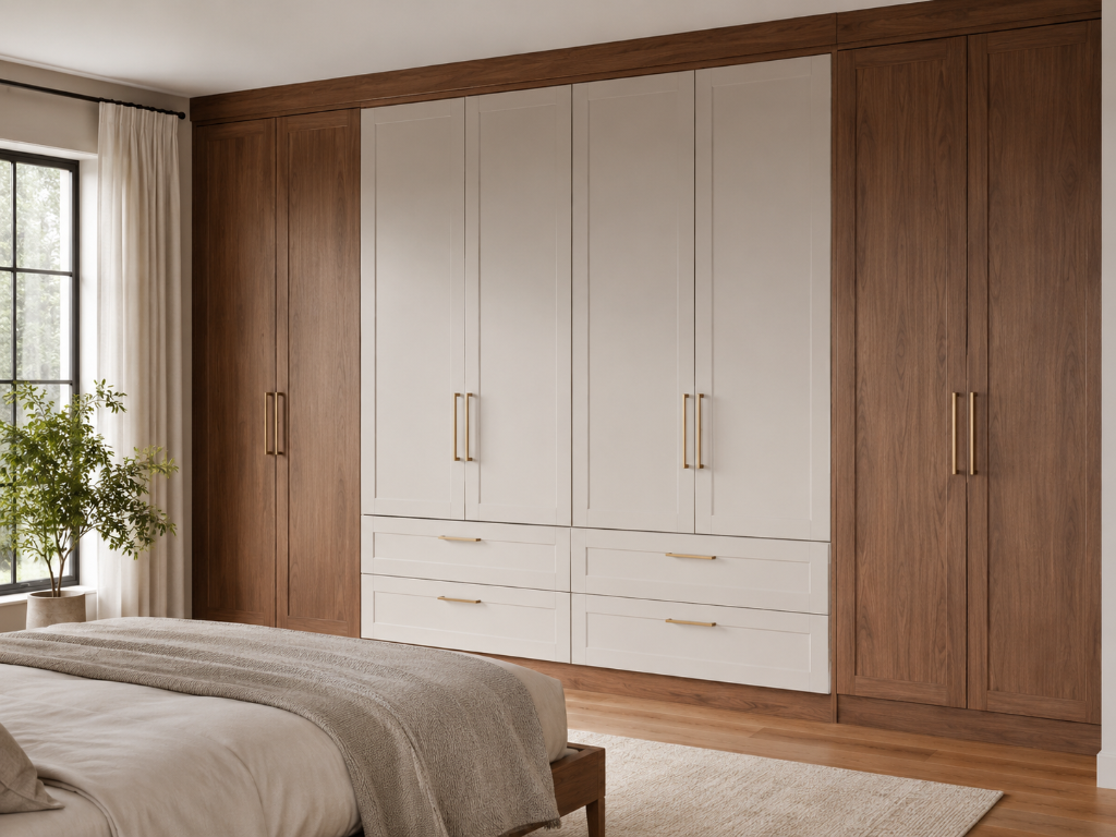 Bedroom built-in wardrobe mixing dark walnut cabinets with cream shaker cupboards and brass pulls