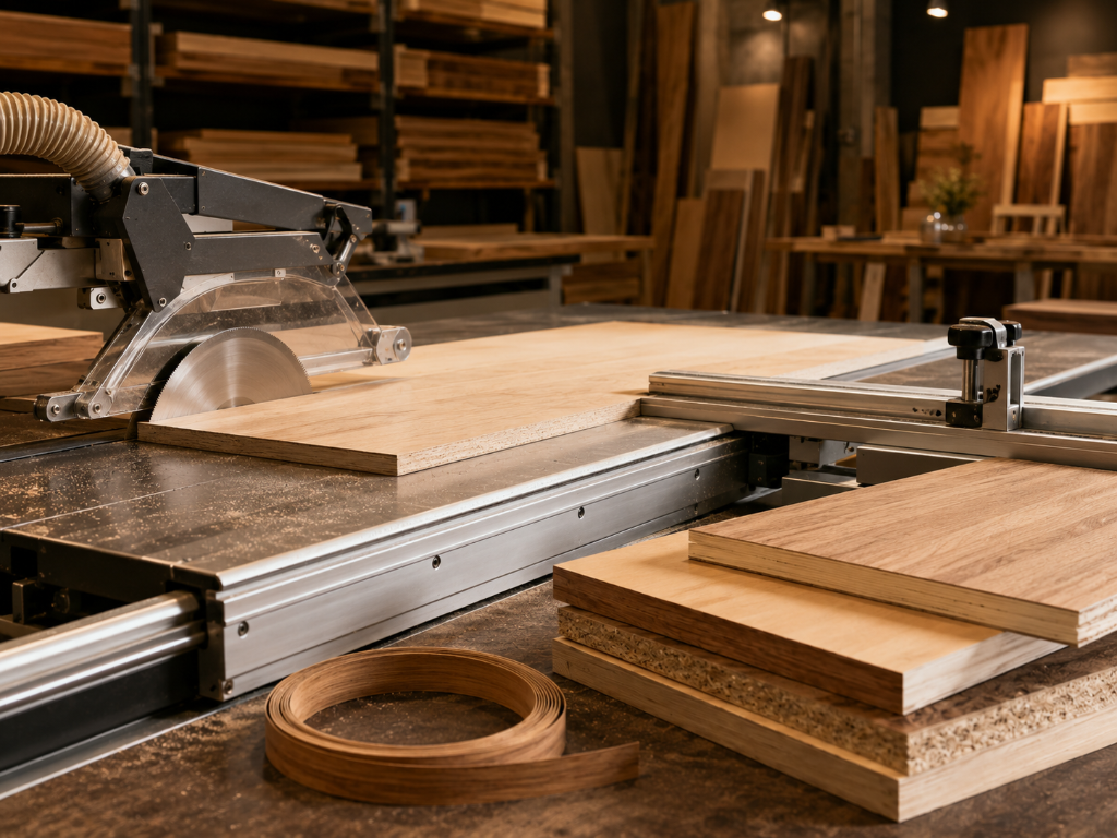 Sliding table saw cutting a wood panel with finished edge-banded boards stacked nearby